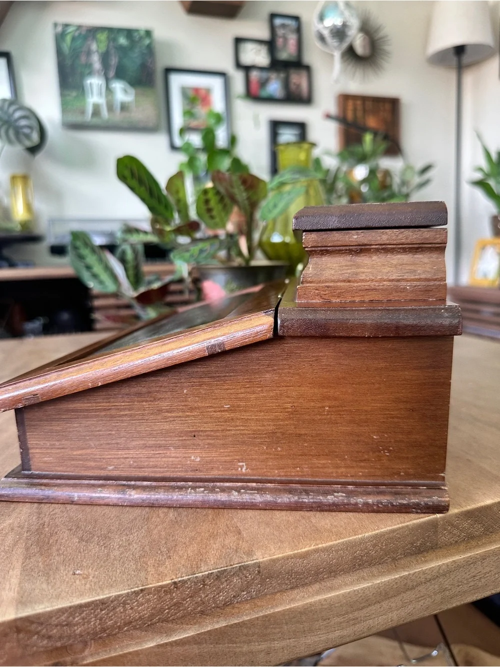Vintage Montgomery Ward Faux Leather Wood Slant Top Jewelry Box Desk Valet